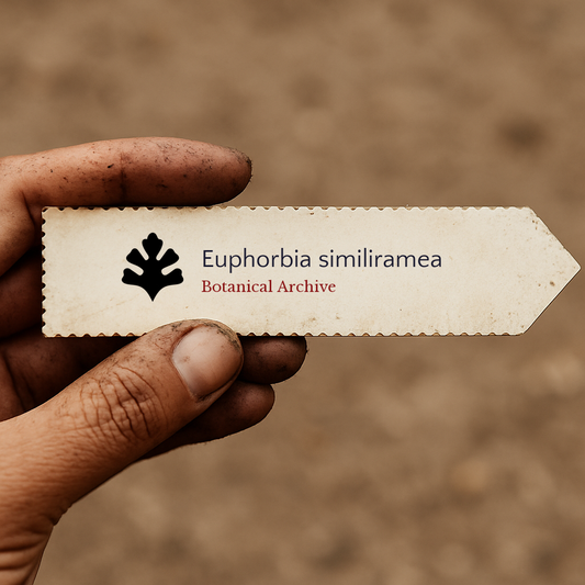 Etichetta per piante stampata per Euphorbia similiramea con il logo di Botanical Archive tenuta a mano