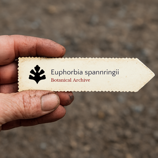 Etichetta stampata per pianta di Euphorbia spannringii tenuta da mano sporca all'aperto
