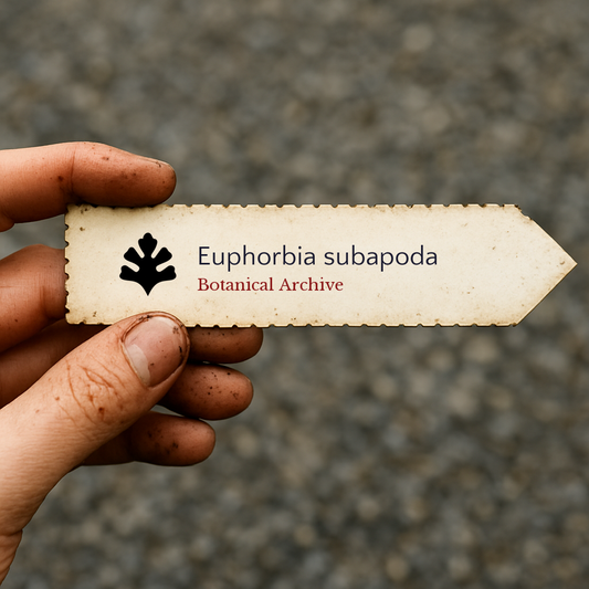 Etichetta per pianta stampata per Euphorbia subapoda tenuta a mano con terra sulle dita
