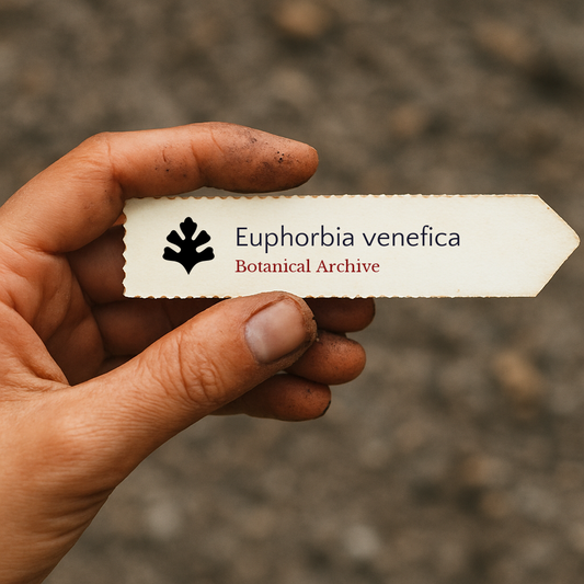 Etichetta stampata per pianta di Euphorbia venefica tenuta in mano con sfondo di terra