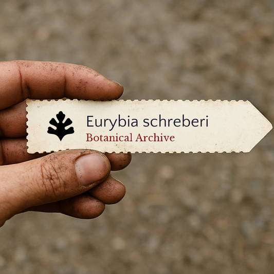 Etichetta stampata per pianta di Eurybia schreberi tenuta da mano sporca all'aperto