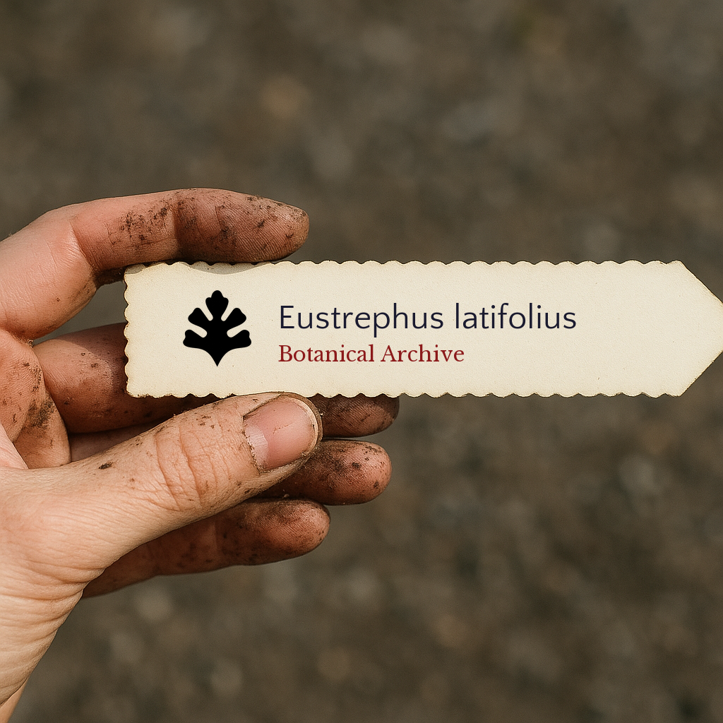 Printed plant label for Eustrephus latifolius held by dirty hand outdoors