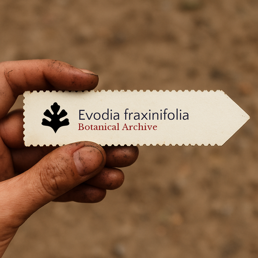 Etichetta di pianta stampata per Evodia fraxinifolia tenuta da mano sporca con sfondo di terreno sfocato