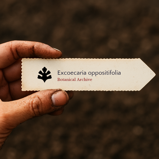 Etichetta stampata per pianta di Excoecaria oppositifolia tenuta da mano sporca su sfondo di terreno