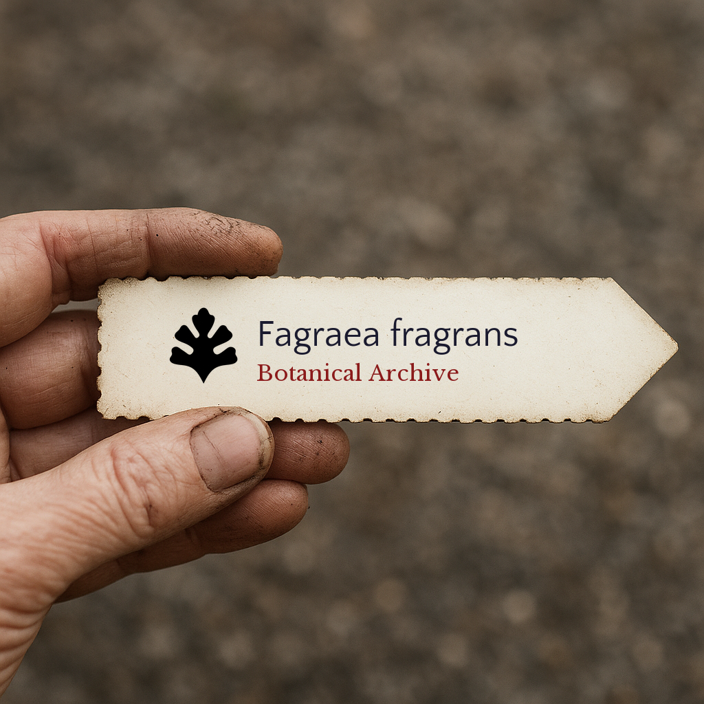 Vintage botanical archive label for Fagraea fragrans held in hand