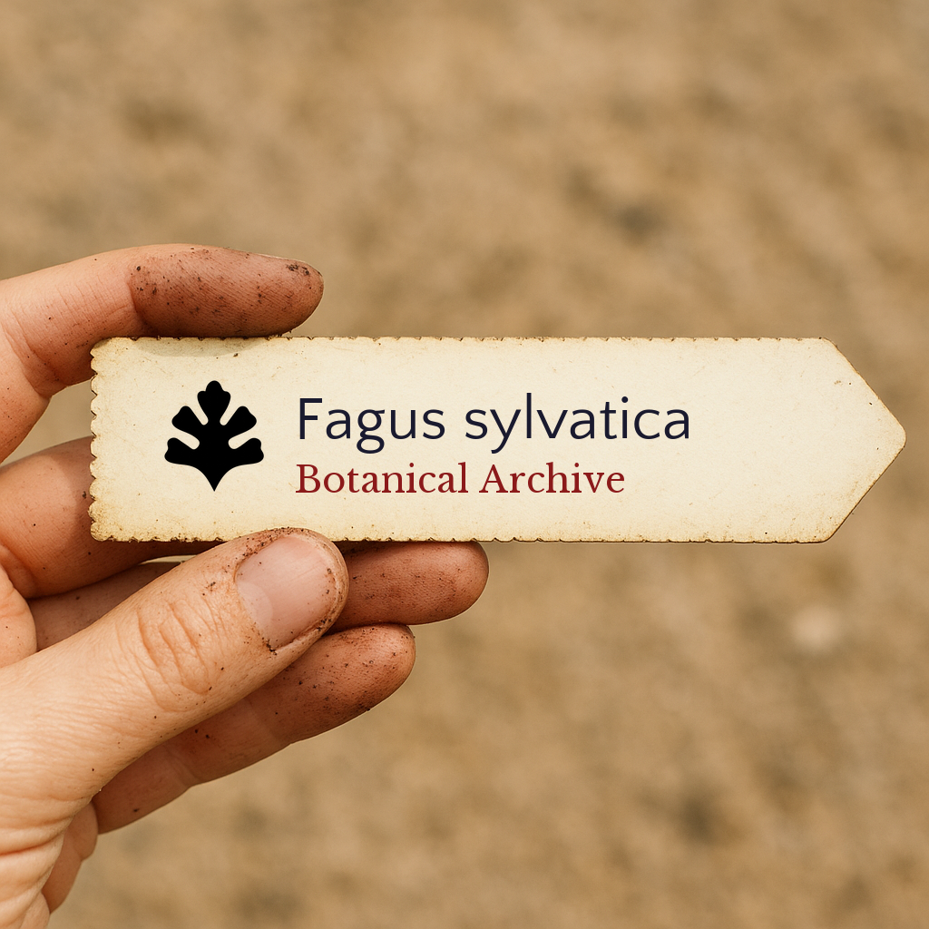 Etichetta stampata della pianta per Fagus sylvatica tenuta da mano sporca su sfondo sfocato