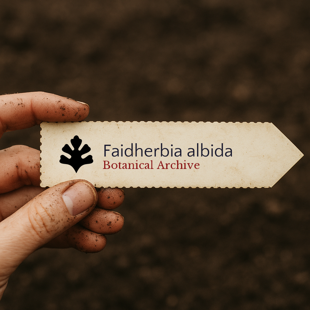 Etichetta per pianta stampata di Faidherbia albida tenuta da una mano sporca sullo sfondo di terra
