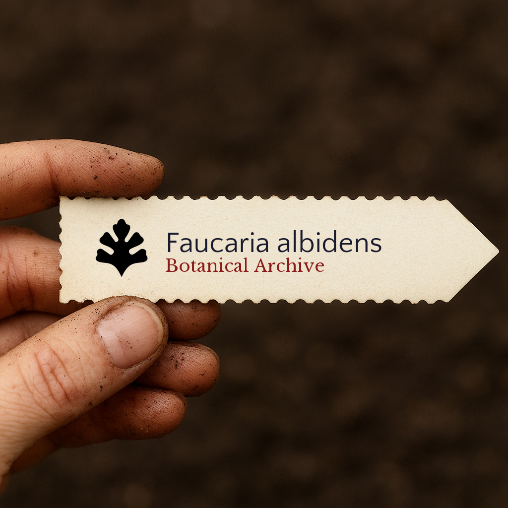Etichetta stampata per la pianta Faucaria albidens tenuta da una mano sporca su sfondo di terreno