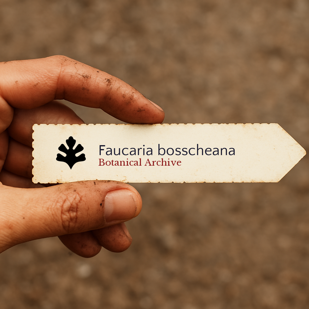 Etichetta stampata per pianta Faucaria bosscheana tenuta a mano con sfondo di terra
