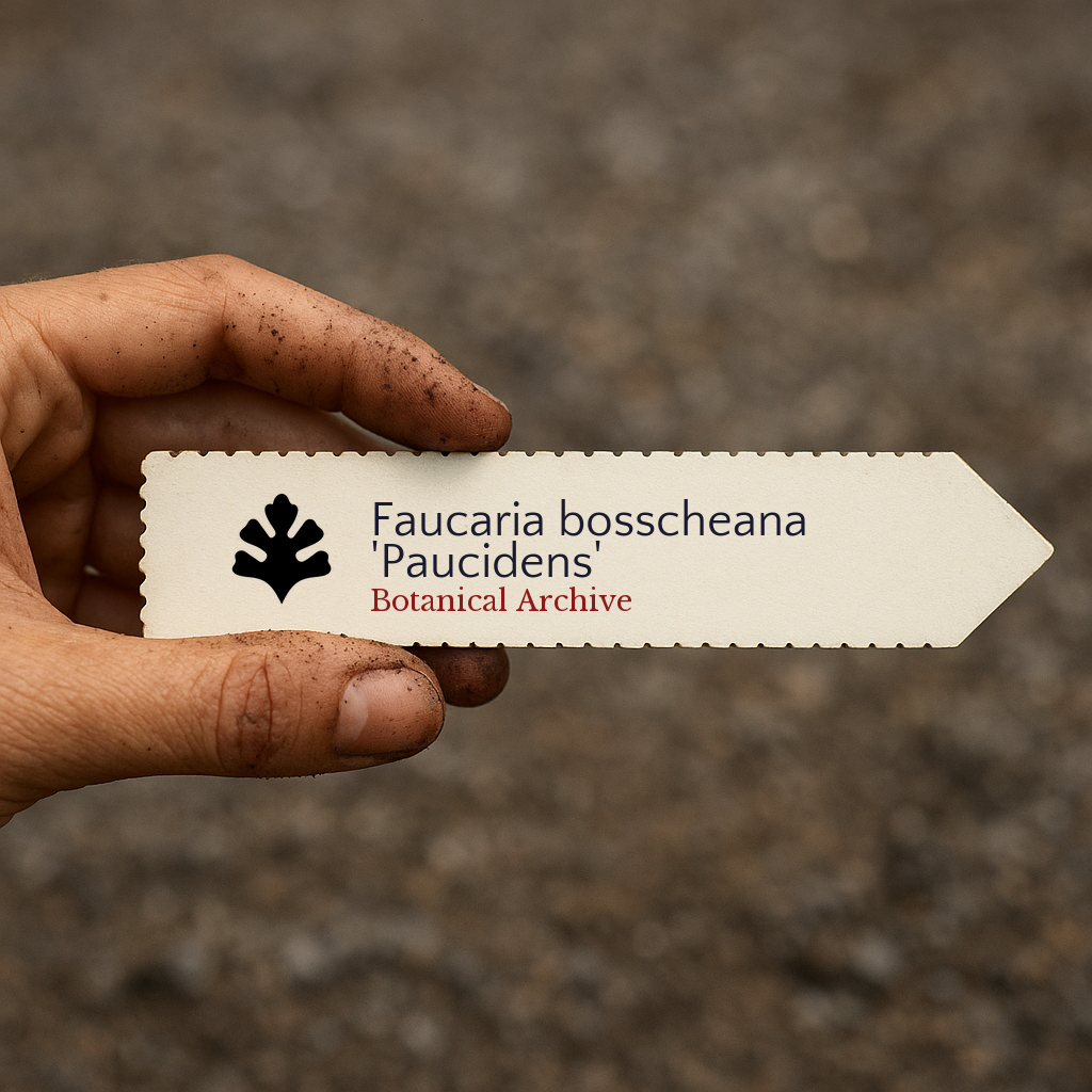 Printed plant label for Faucaria bosscheana 'Paucidens' held by dirty hand outdoors