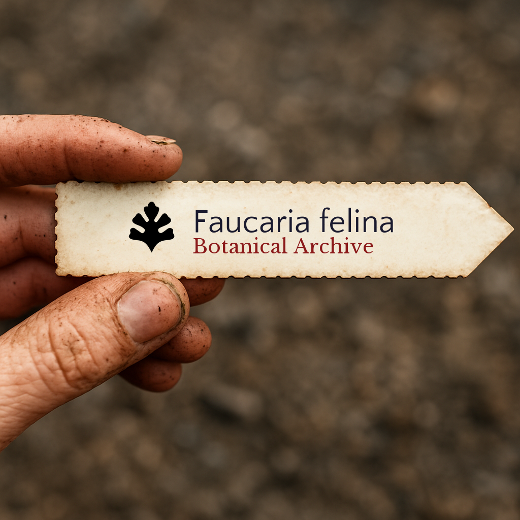 Etichetta stampata per pianta Faucaria felina tenuta da mano sporca su sfondo di terra