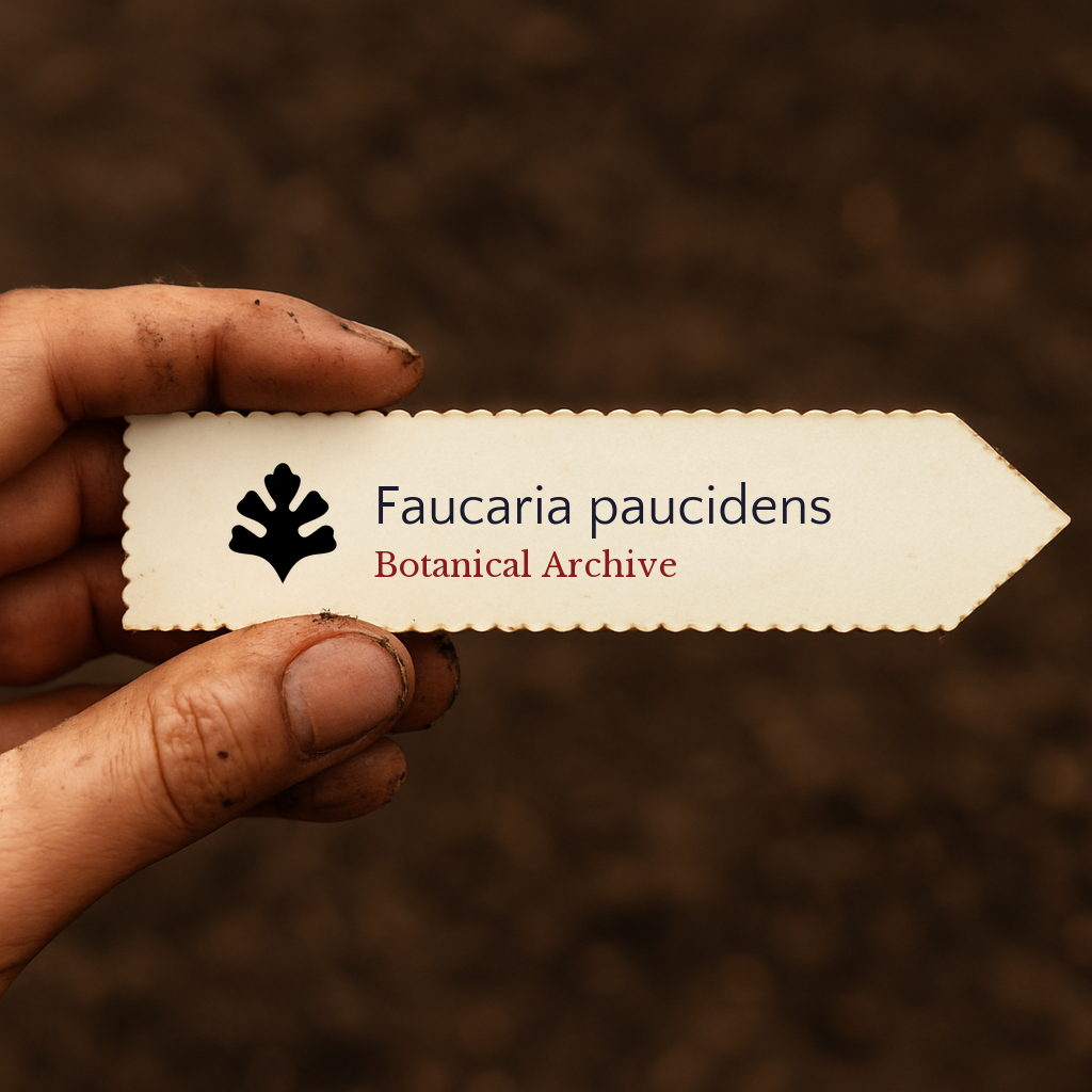 Printed plant label for Faucaria paucidens held by hand over soil background
