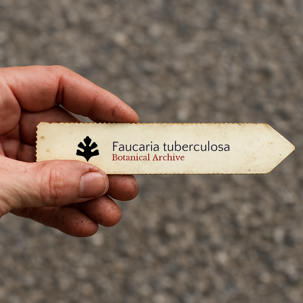 Printed plant label for Faucaria tuberculosa with botanical archive logo held by hand