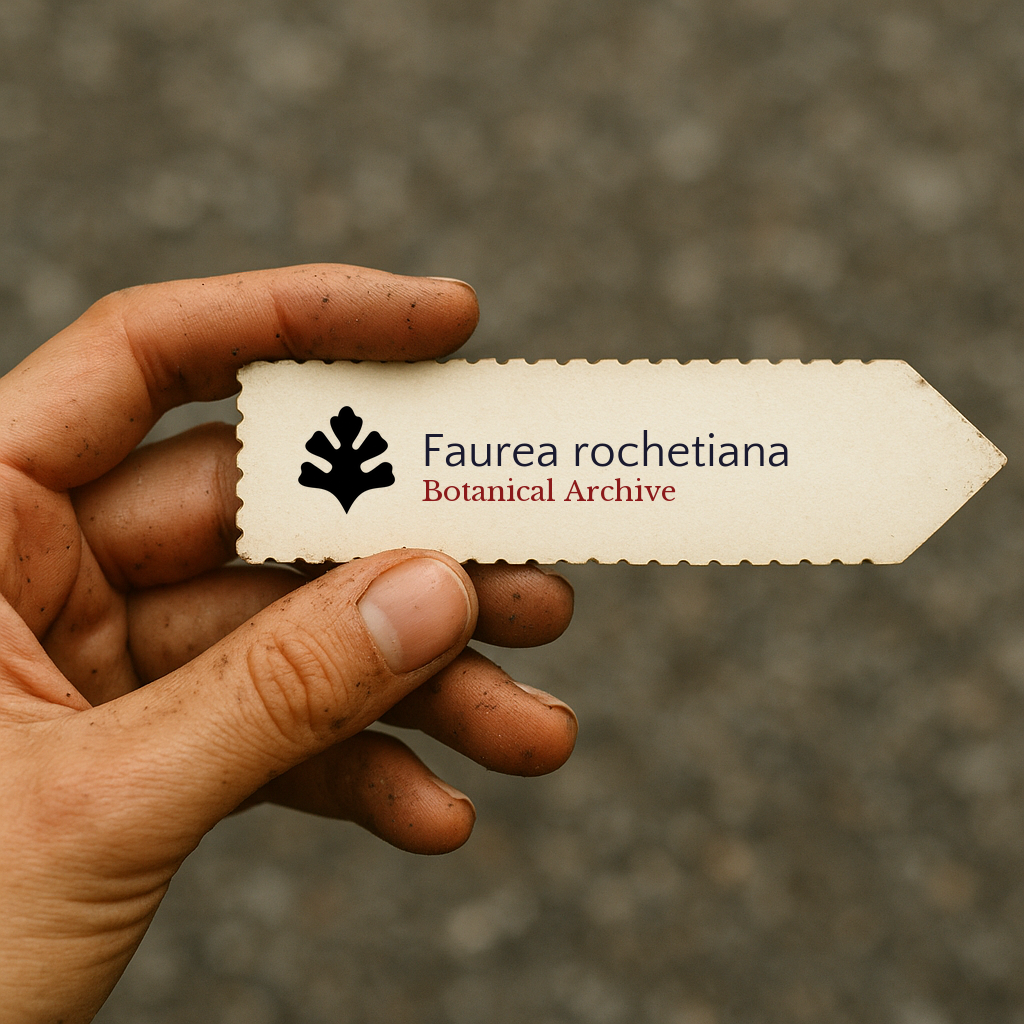 Printed plant label for Faurea rochetiana held by dirty hand on blurred background