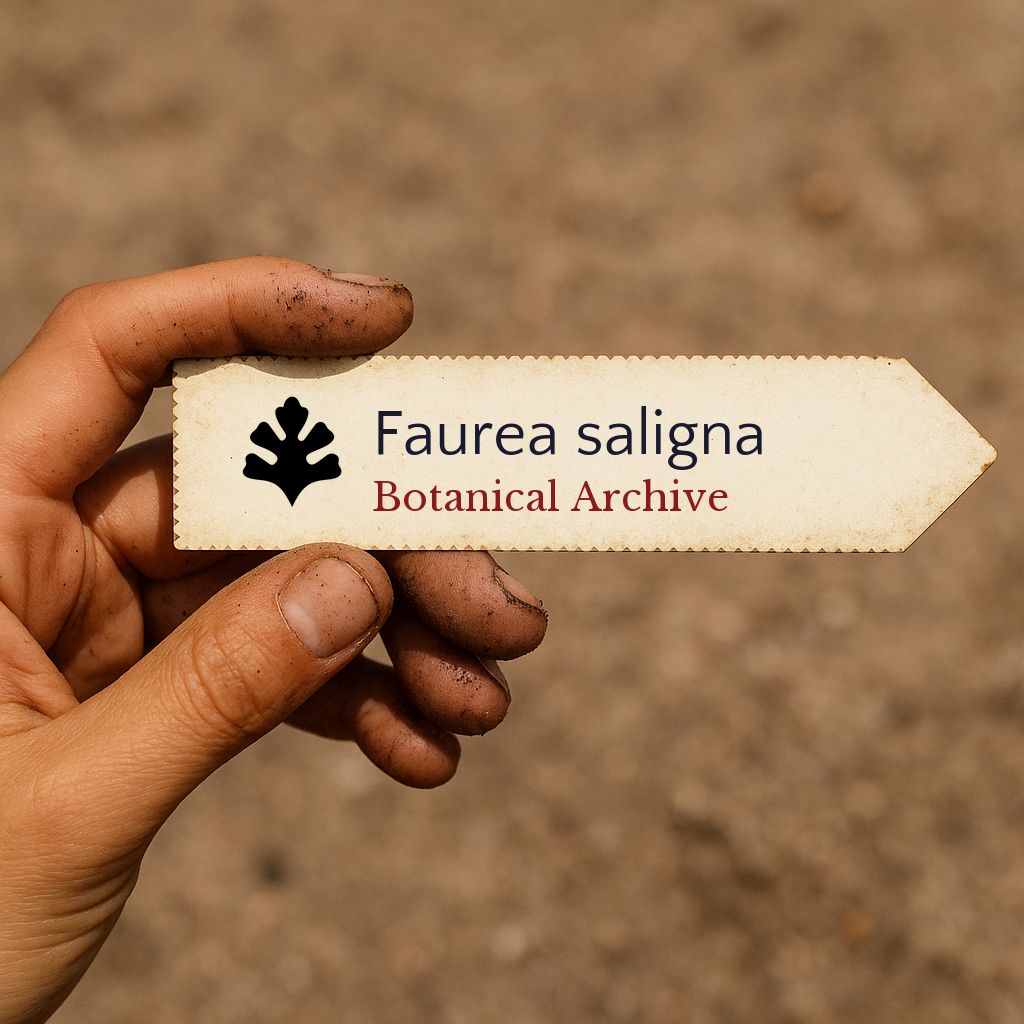 Printed plant label for Faurea saligna held by a hand with soil on fingers
