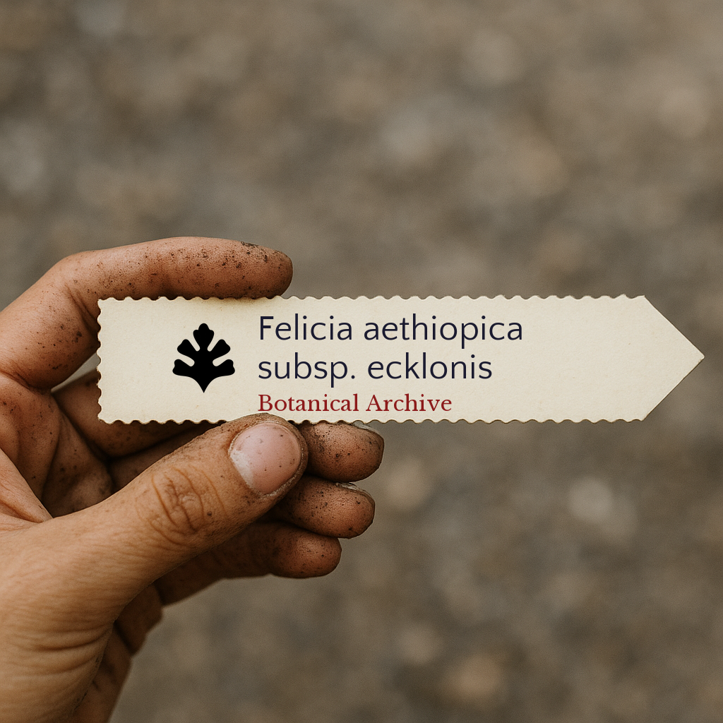 Etichetta stampata per pianta Felicia aethiopica subsp. ecklonis tenuta da mano sporca