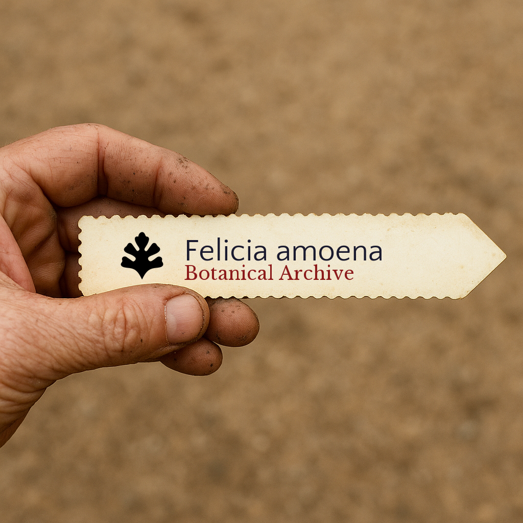 Etichetta per pianta stampata Felicia amoena tenuta a mano con sfondo di terra