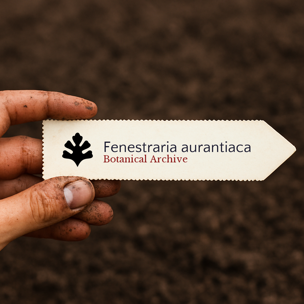 Printed plant label for Fenestraria aurantiaca held by dirty hand over soil background