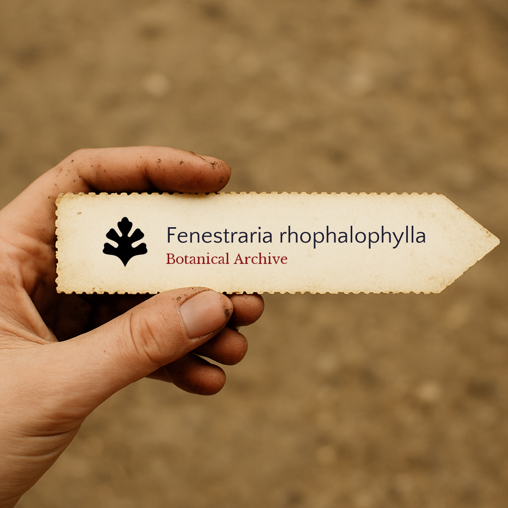 Etichetta della pianta stampata per Fenestraria rhophalophylla tenuta in mano con sfondo di terra
