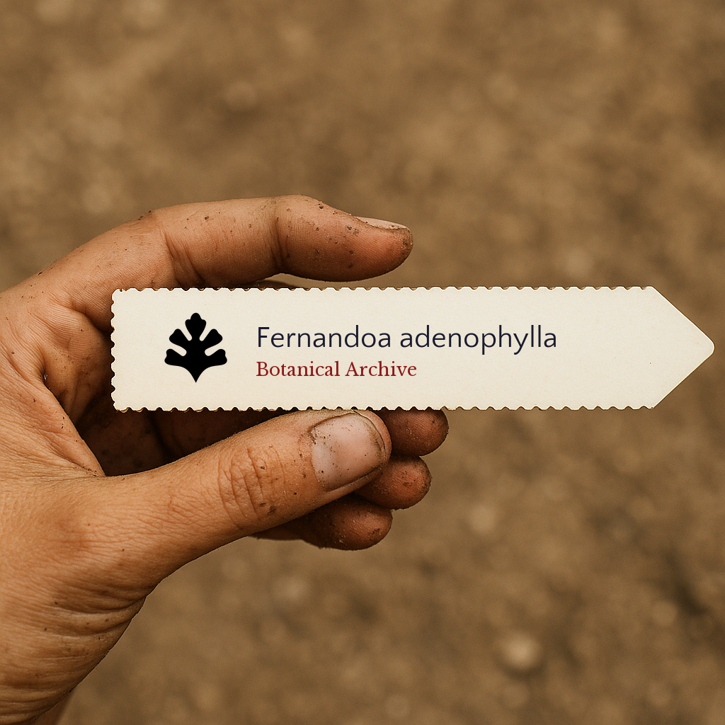 Printed plant label for Fernandoa adenophylla held in dirty hand with soil background