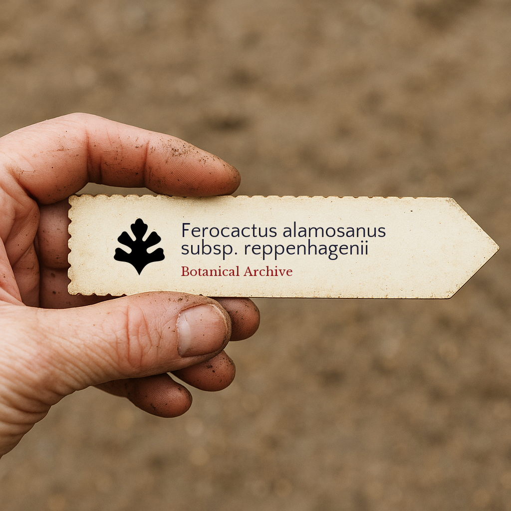 Etichetta per pianta stampata per Ferocactus alamosanus subsp. reppenhagenii tenuta in mano con sfondo di terreno