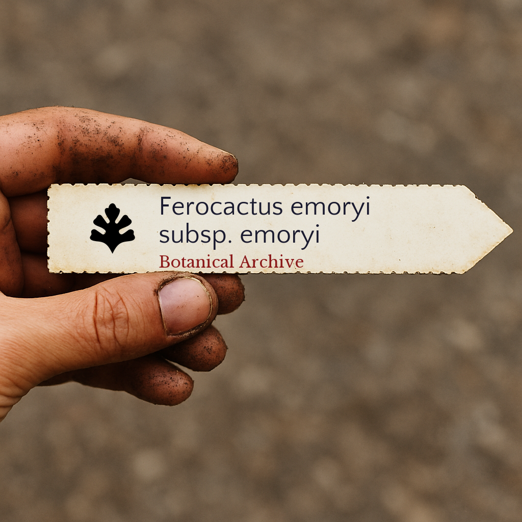 Printed plant label for Ferocactus emoryi subsp. emoryi held by dirty hand outdoors