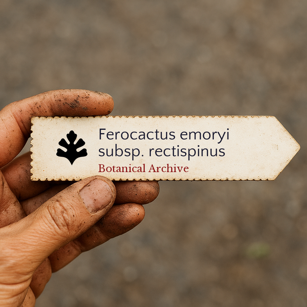 Etichetta botanica stampata per Ferocactus emoryi subsp. rectispinus tenuta da una mano sporca all'aperto