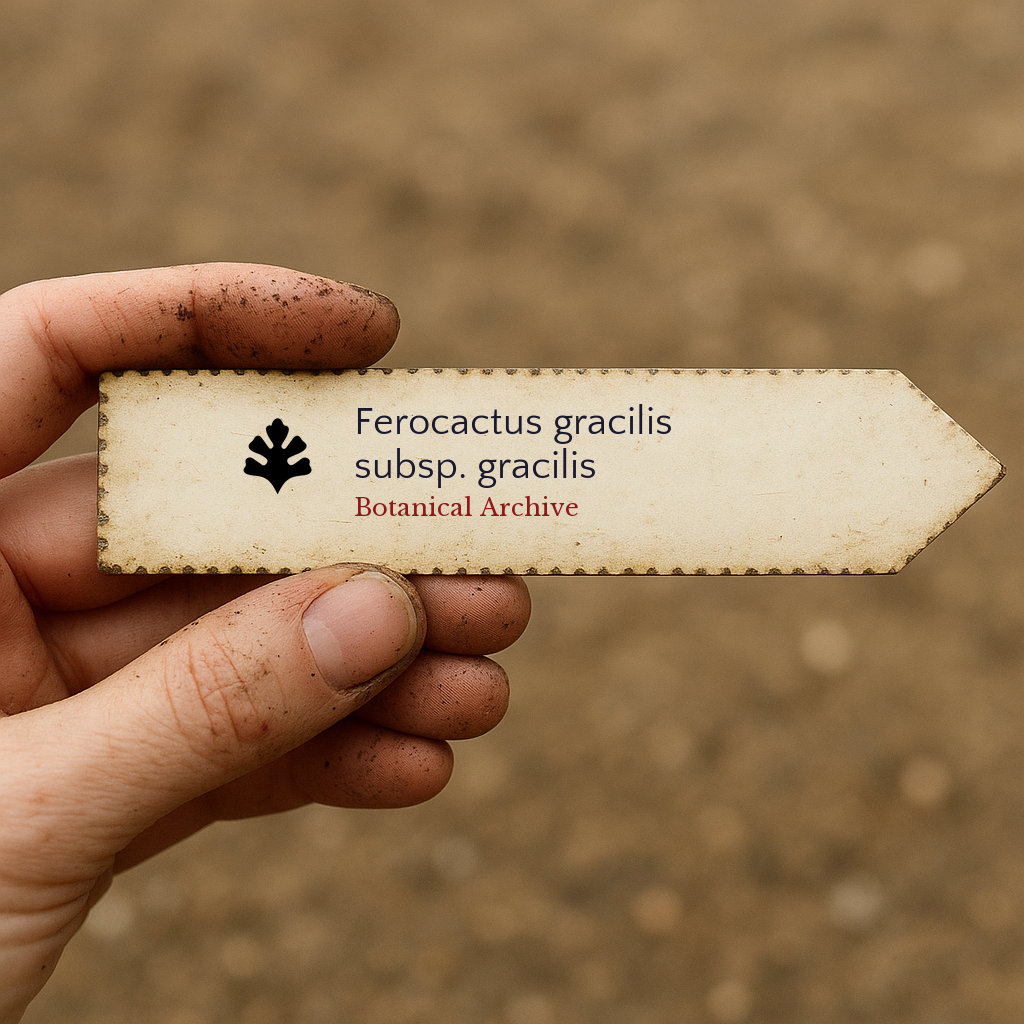 Etichetta per pianta stampata per Ferocactus gracilis subsp. gracilis tenuta da una mano sporca all'aperto