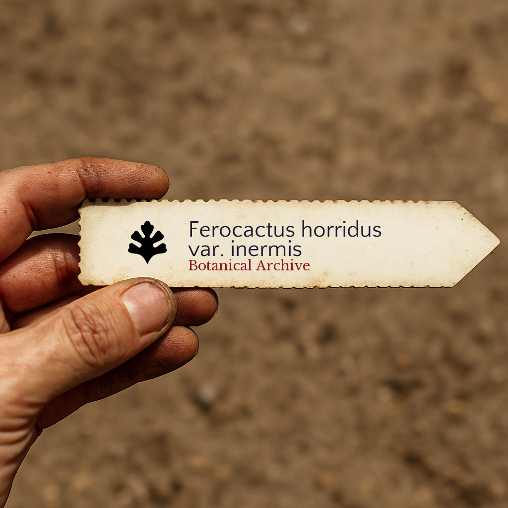 Printed plant label for Ferocactus horridus var. inermis held over soil background