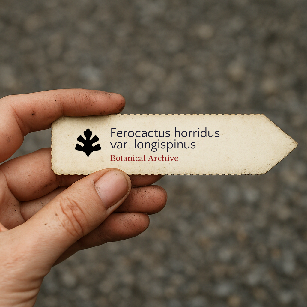 Printed plant label for Ferocactus horridus var. longispinus held by hand with dirt background