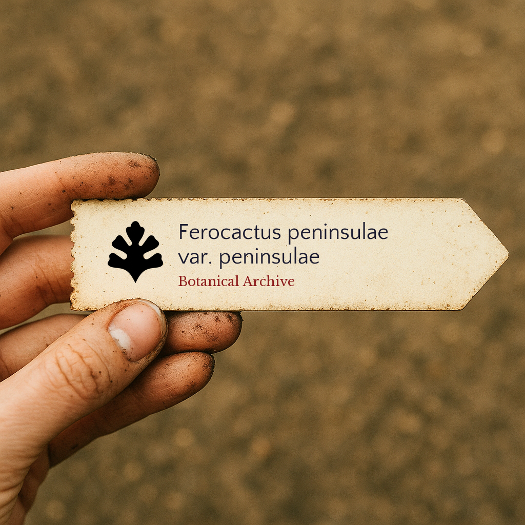 Printed plant label for Ferocactus peninsulae var. peninsulae held by dirty hand outdoors