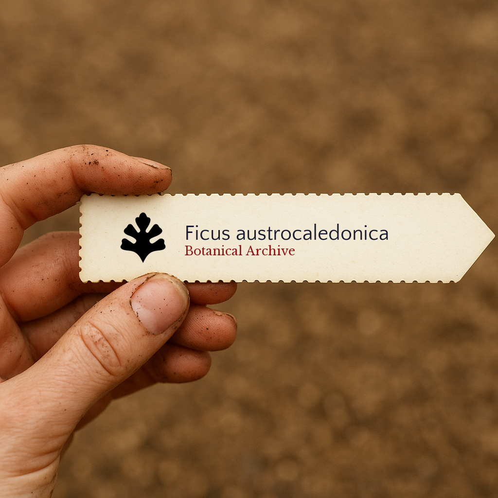 Etichetta per pianta stampata per Ficus austrocaledonica tenuta a mano con sfondo di terra