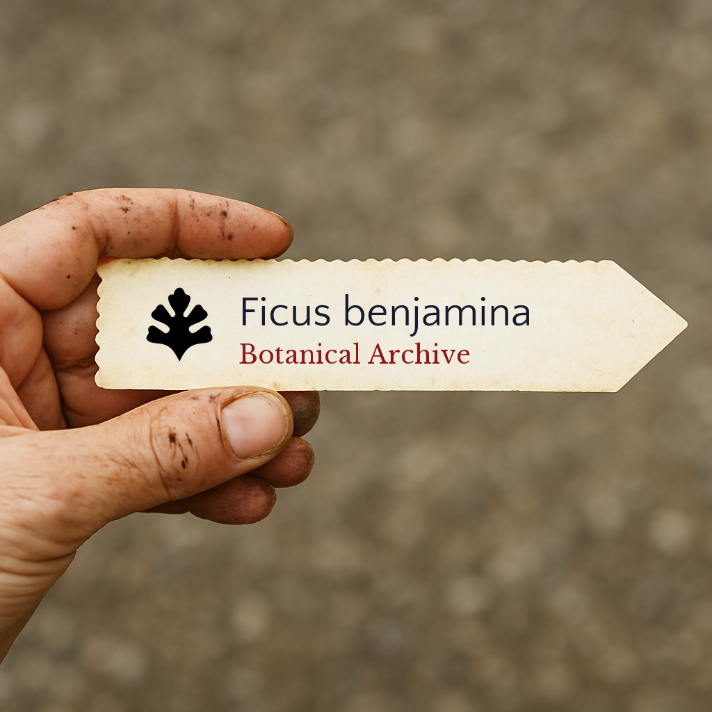 Printed plant label for Ficus benjamina held by a dirty hand outdoors