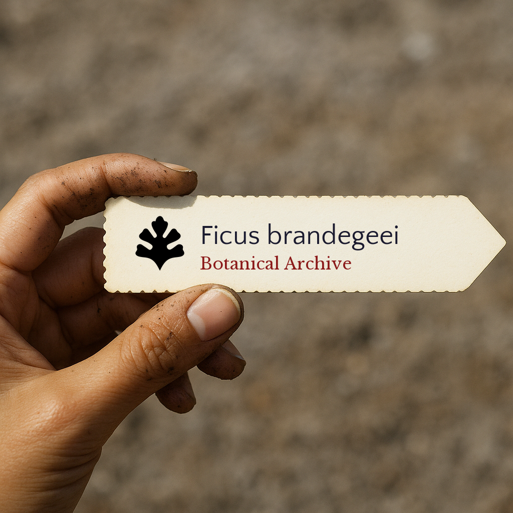 Printed plant label for Ficus brandegeei held by hand with soil background