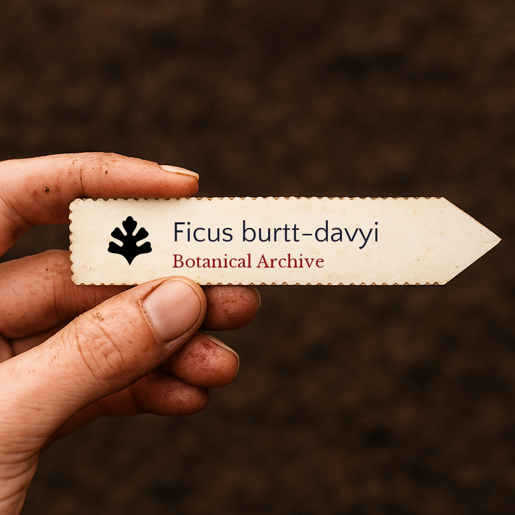 Printed plant label for Ficus burtt-davyi held by dirty hand over soil background