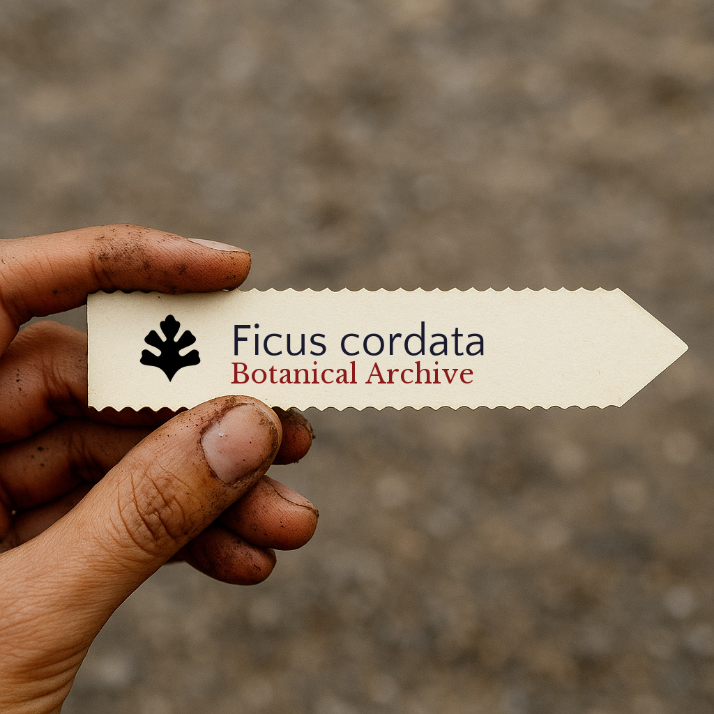 Printed plant label for Ficus cordata held by hand with soil-stained fingers