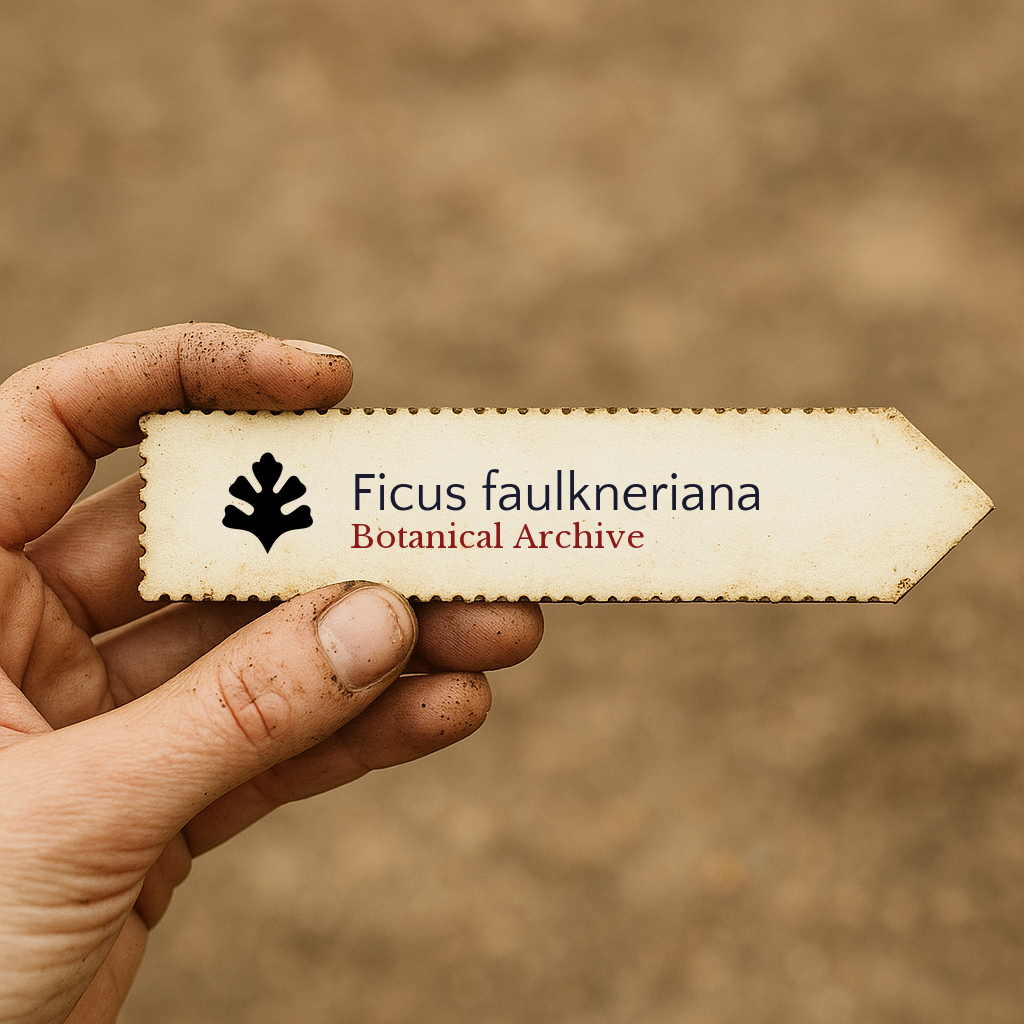 Printed plant label for Ficus faulkneriana held by hand with dirt background