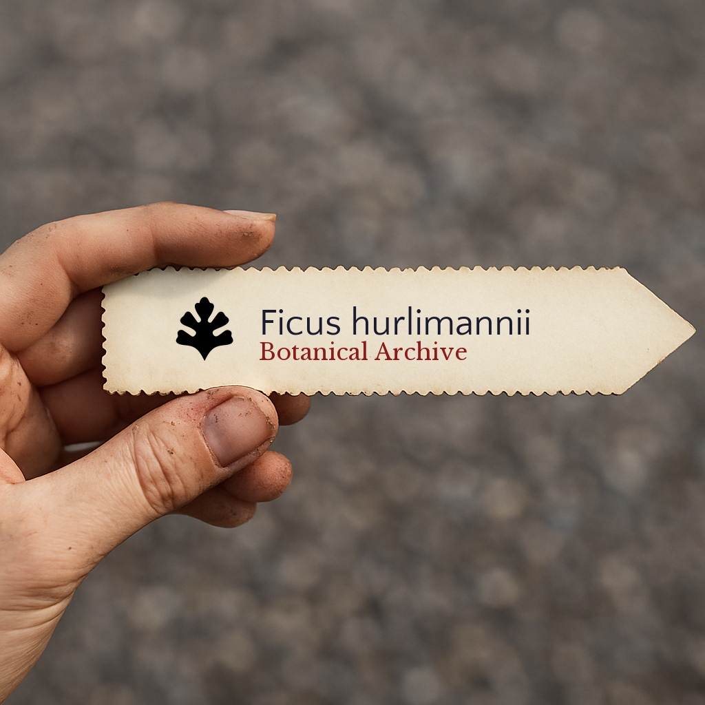Printed plant label for Ficus hurlimannii held by hand with dirt background