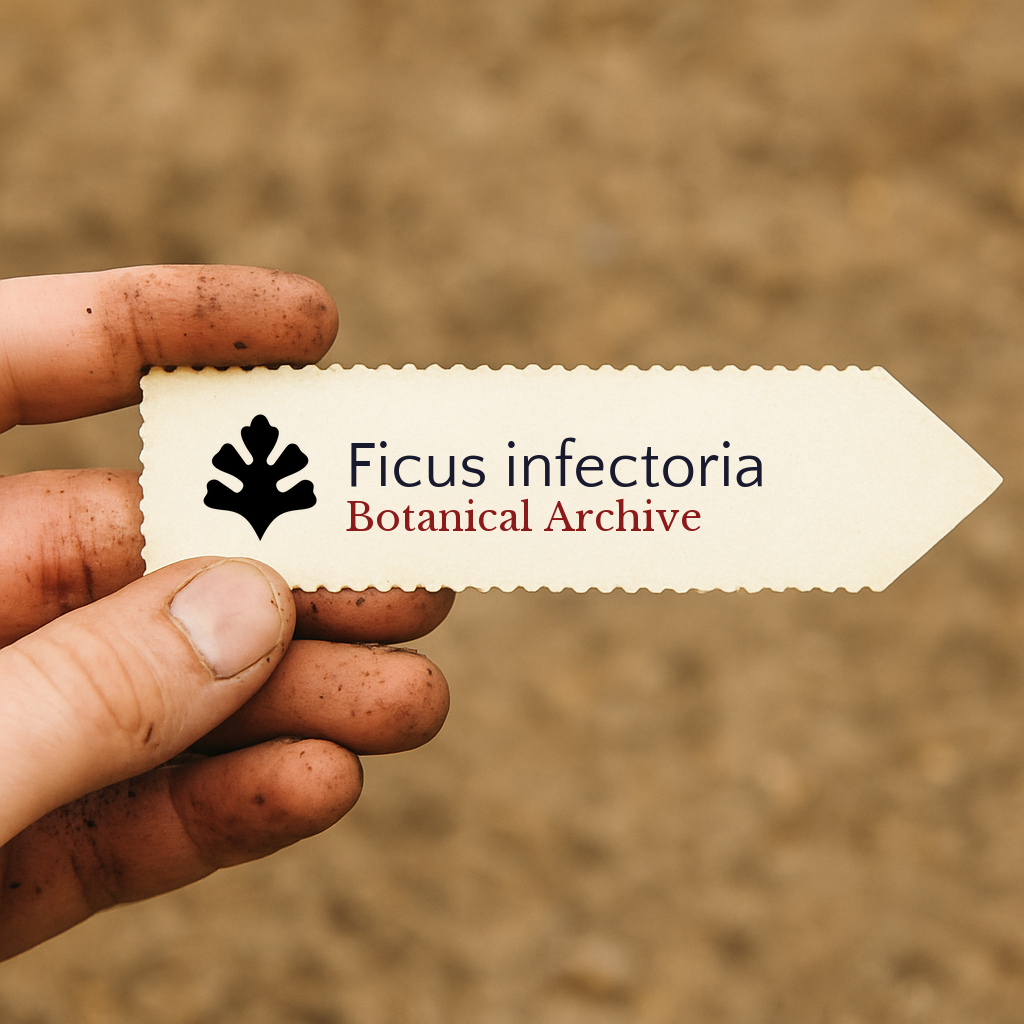 Printed plant label for Ficus infectoria held by dirty hand over soil background