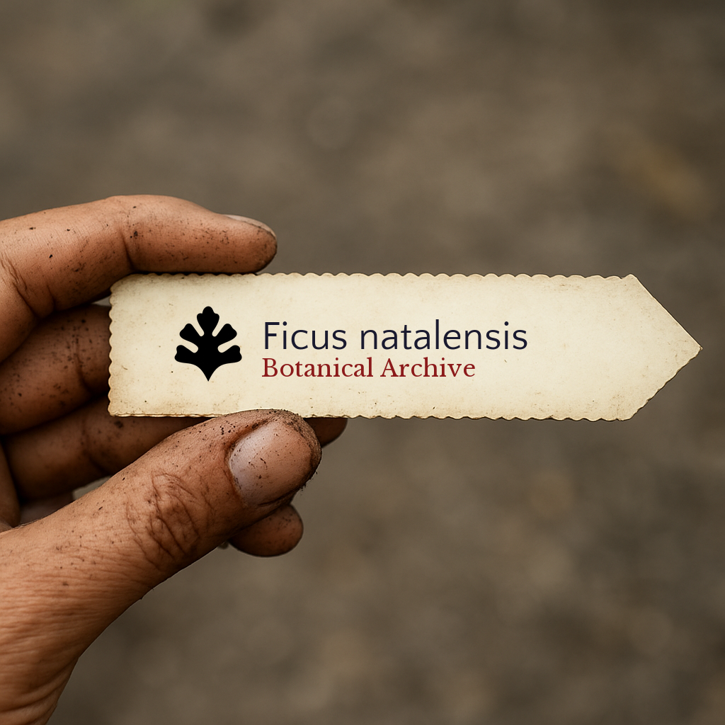 Etichetta stampata per pianta di Ficus natalensis con logo Botanical Archive tenuta a mano