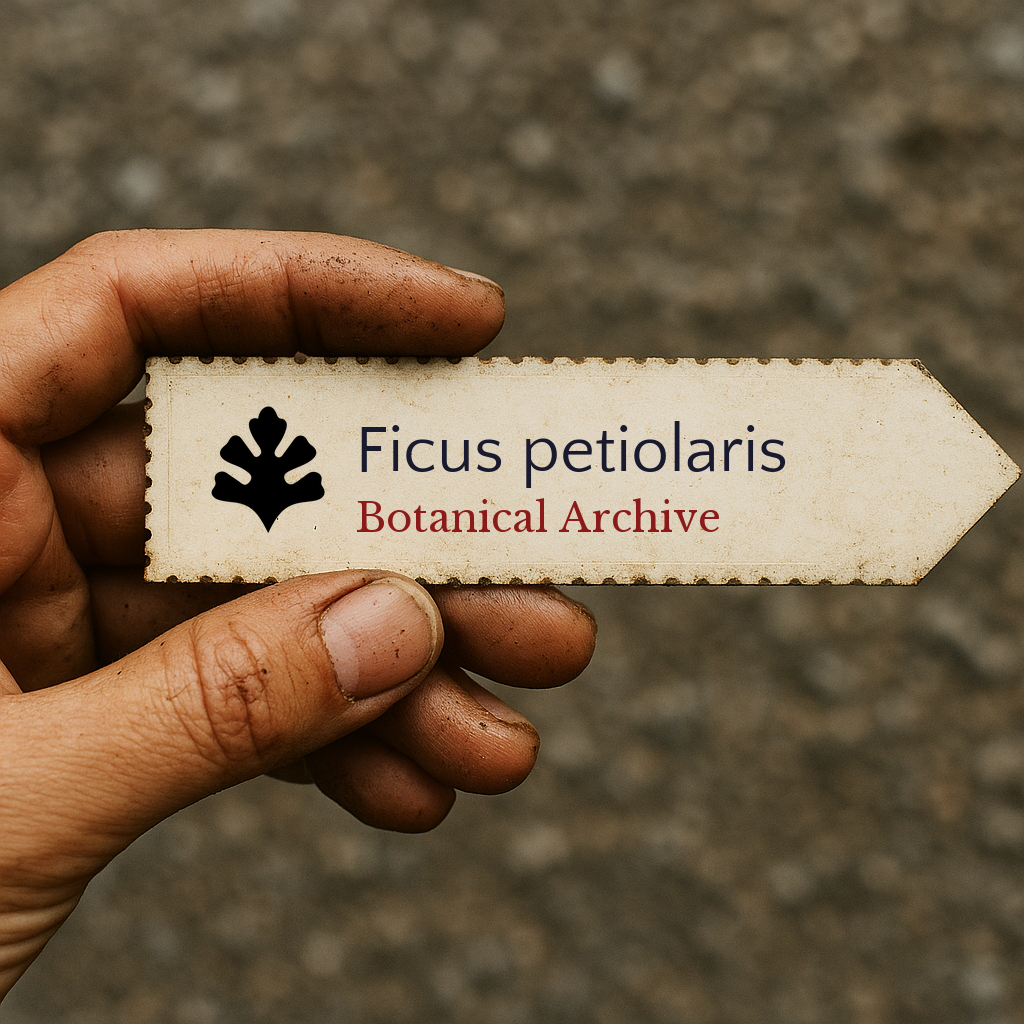 Printed plant label for Ficus petiolaris with botanical archive logo held by hand