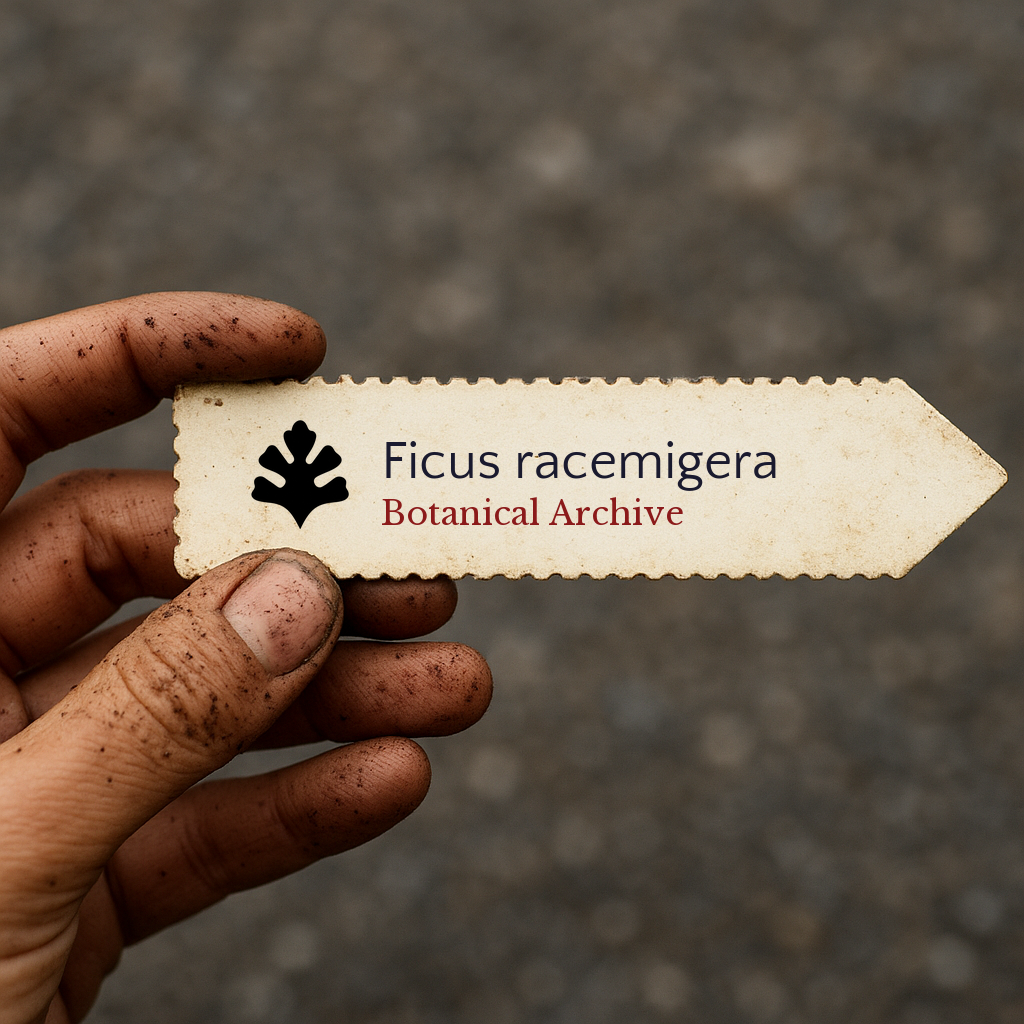 Printed plant label for Ficus racemigera held by dirty hand with botanical archive logo