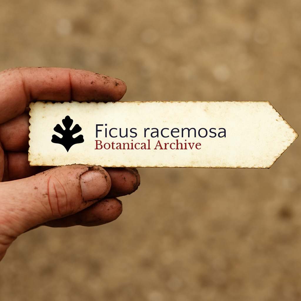 Printed plant label for Ficus racemosa held by dirty hand with blurred background