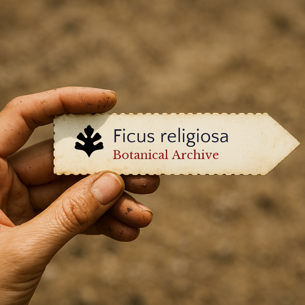 Etichetta stampata per pianta di Ficus religiosa tenuta da mano sporca con sfondo di terra