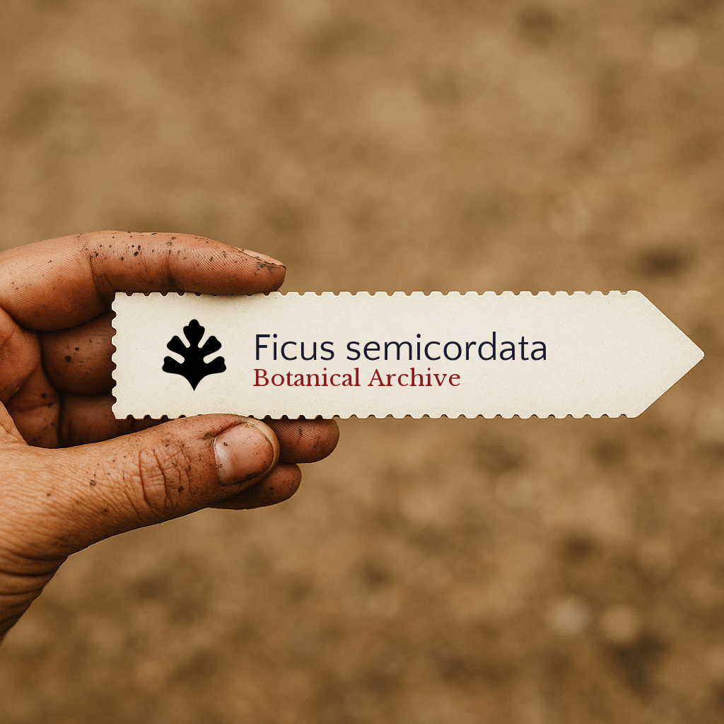 Printed plant label for Ficus semicordata with botanical archive logo held by hand