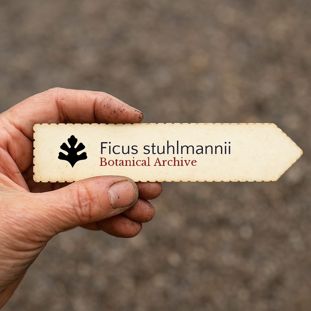Printed plant label for Ficus stuhlmannii held in hand with dirt background