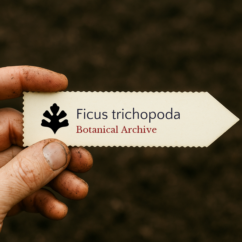 Printed plant label for Ficus trichopoda held by dirty hand over soil background