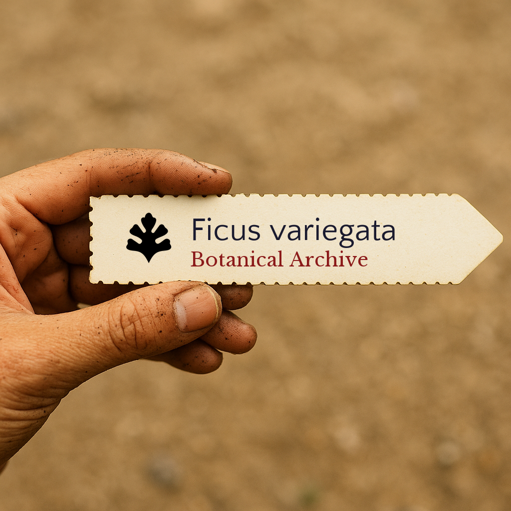 Handheld printed plant label for Ficus variegata with botanical archive logo