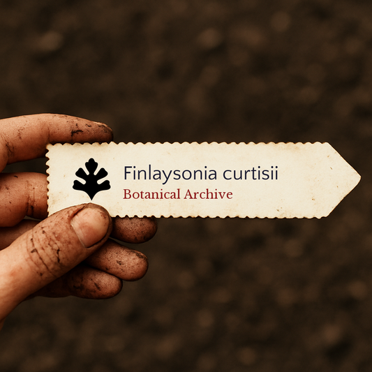 Etichetta per pianta stampata per Finlaysonia curtisii tenuta da mano sporca su sfondo di terreno