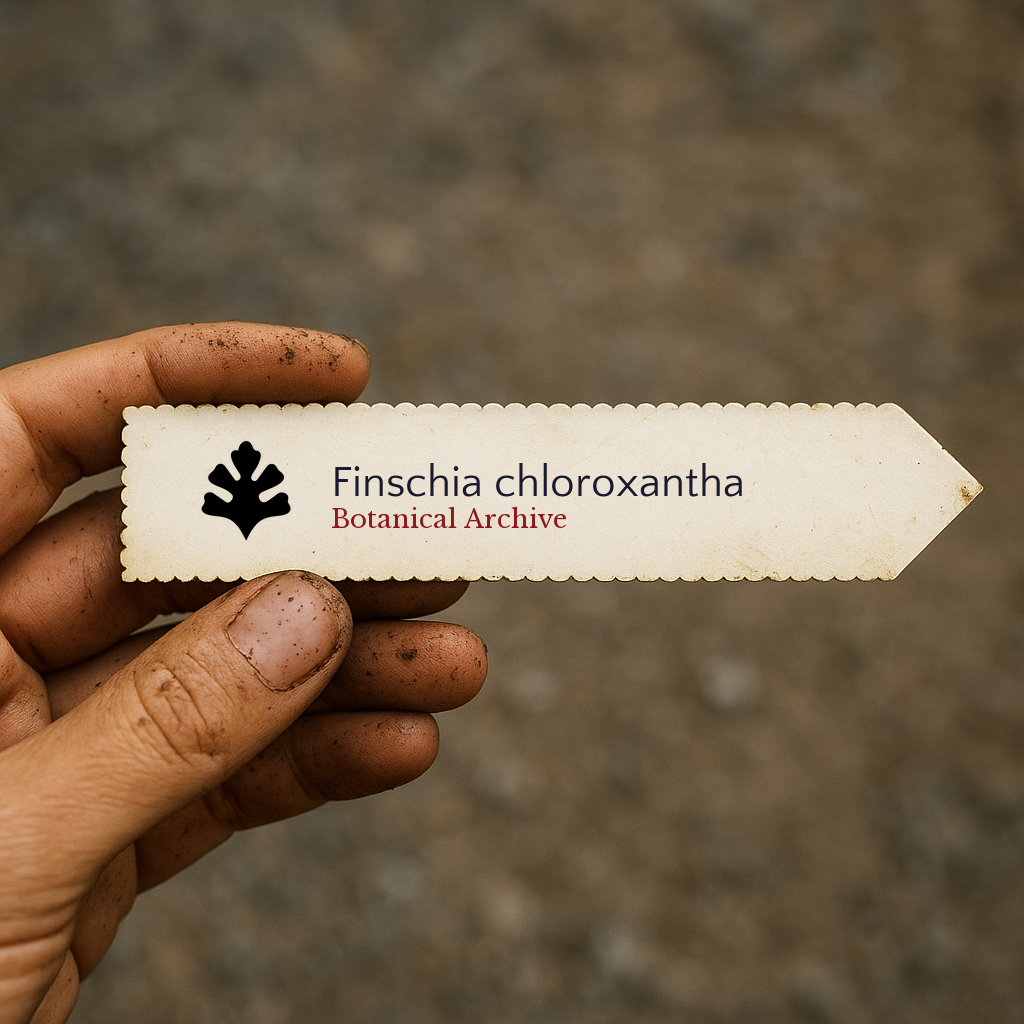 Etichetta stampata per pianta di Finschia chloroxantha tenuta a mano con terra sulle dita